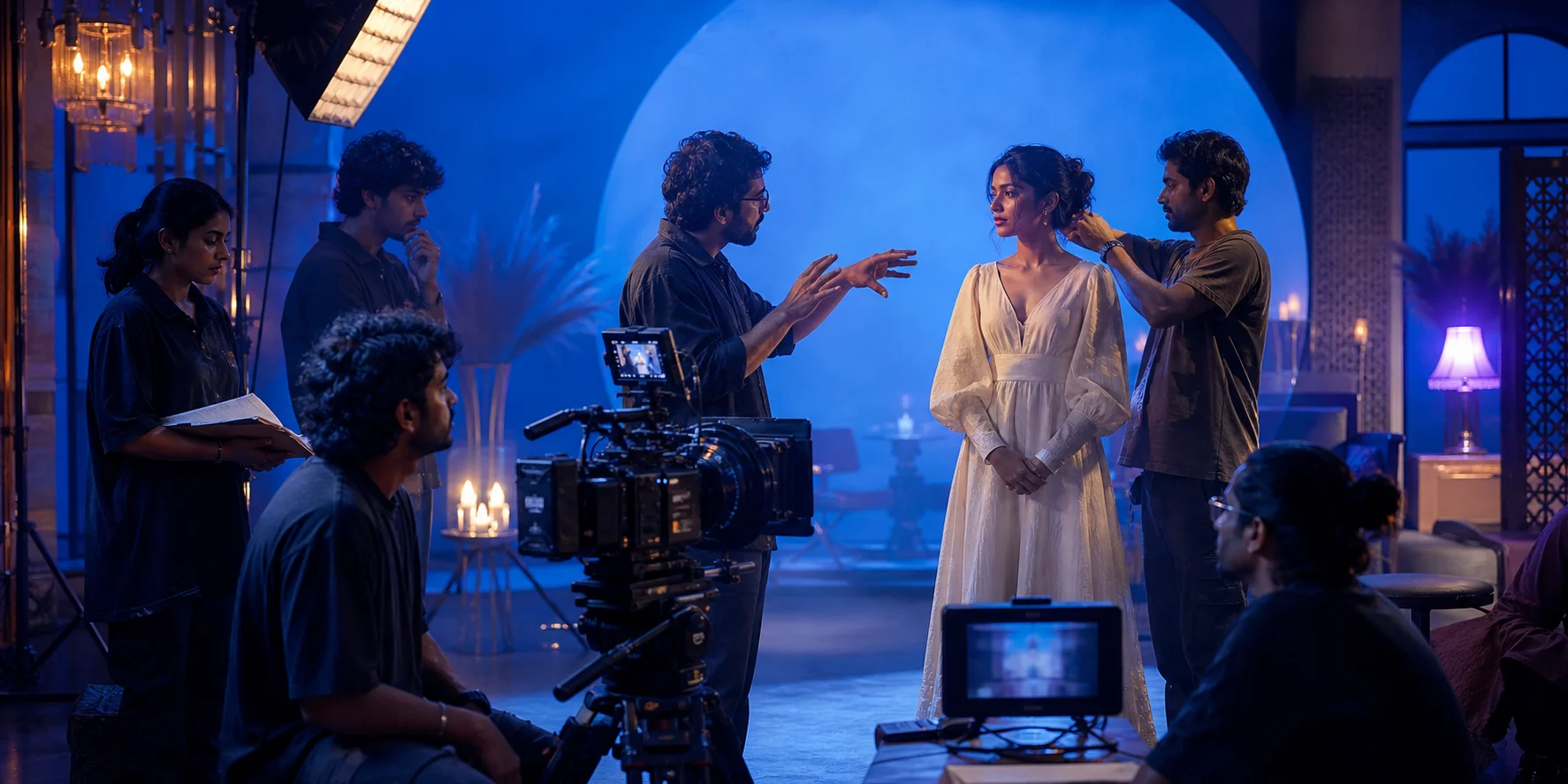 Campaign film crew preparing a cinematic studio scene