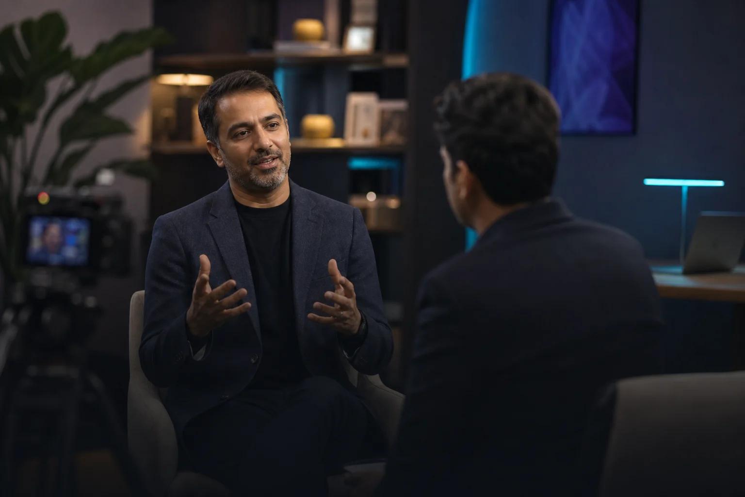 Founder sharing expertise in a filmed studio conversation