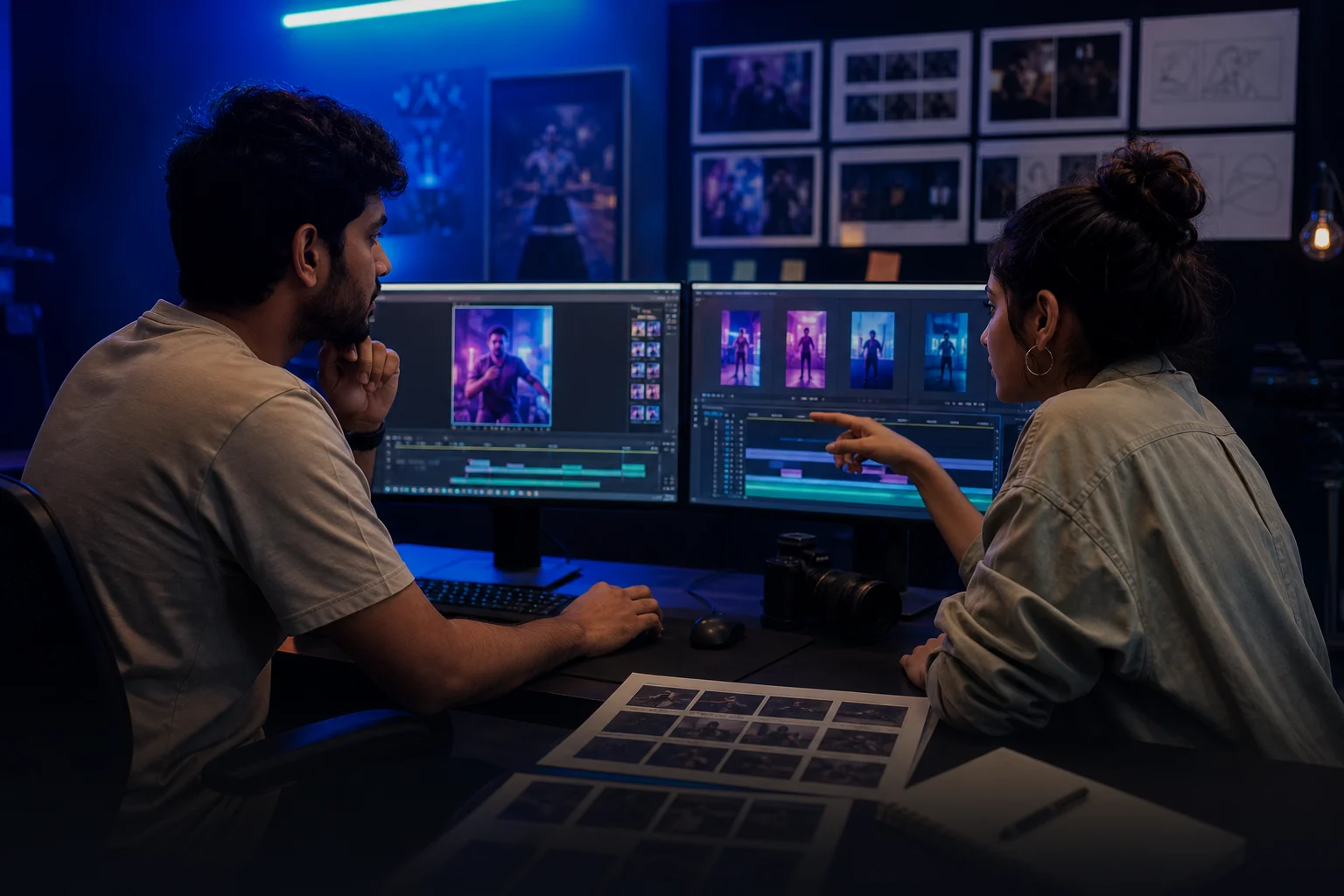 Editor and creator reviewing vertical social video